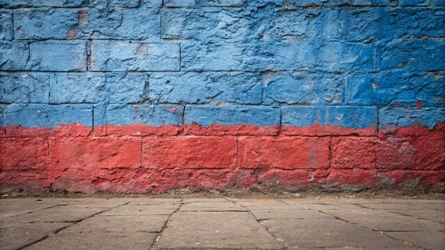 Vibrant blue and red painted brick wall on urban sidewalk