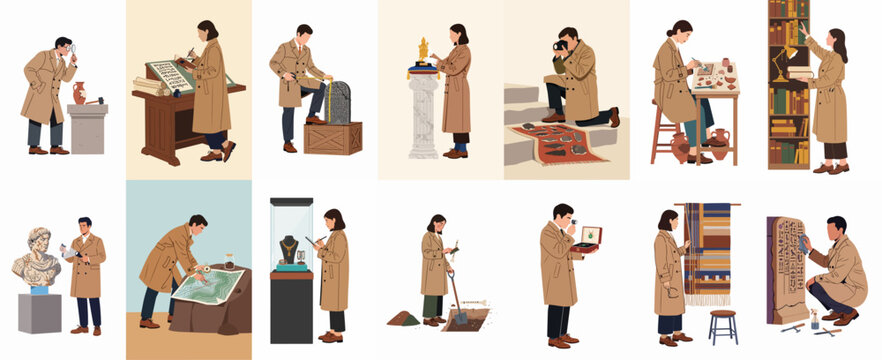 Flat illustration set of professional archaeologists and museum curators working with historical artifacts, conducting research, restoration, and documentation in various settings.