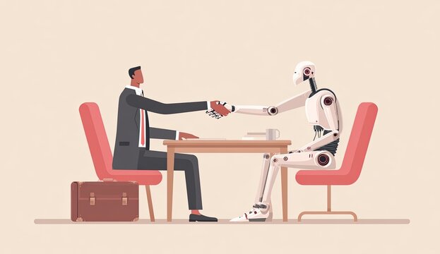 Human and robot handshake across a table, symbolizing future collaboration