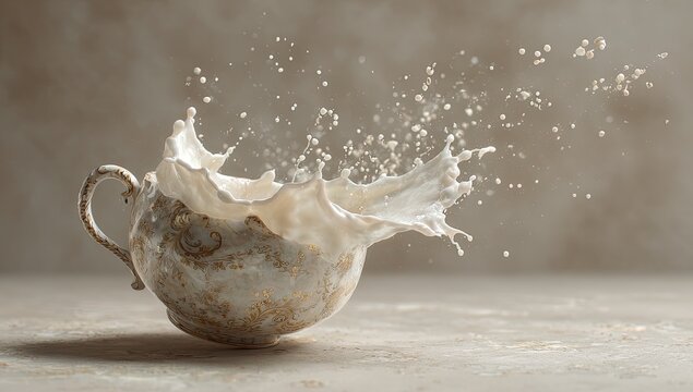 Ornate cup overflowing with a dynamic splash of creamy liquid
