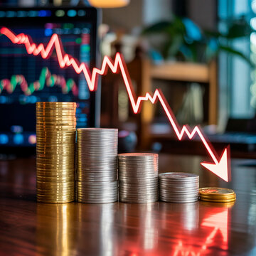 Ca&iacute;da del mercado de valores y p&eacute;rdida de ahorros representada con monedas y gr&aacute;fico negativo