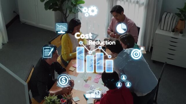A dynamic team collaborates in a modern office, focusing on cost reduction strategies while utilizing graphical data visualization elements for effective decision-making. Raster