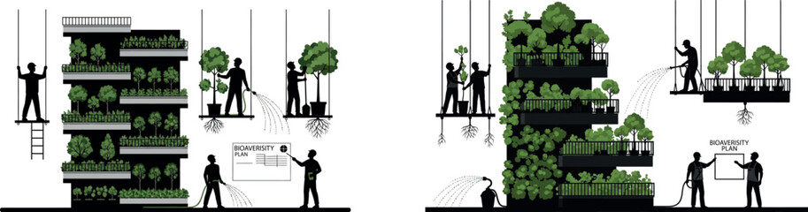 An architectural illustration of a modern green building design with lush vegetation and people interacting with the environment vector silhouette © Mubeen