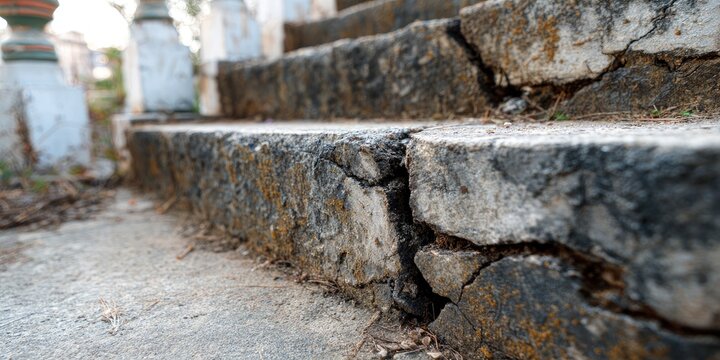Ancient stone steps with visible cracks and moss, showing decay