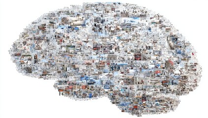Fototapeta premium Collage of myriad detailed images forms the outline of a human brain