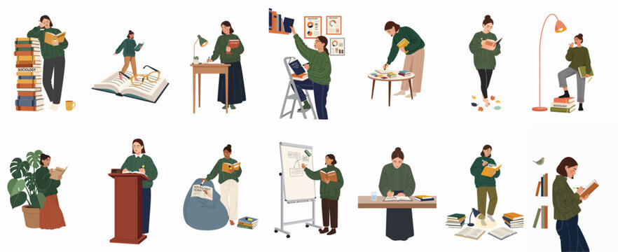 Set of flat character illustrations showing a female student studying sociology, reading books, and taking notes in various academic and home settings.