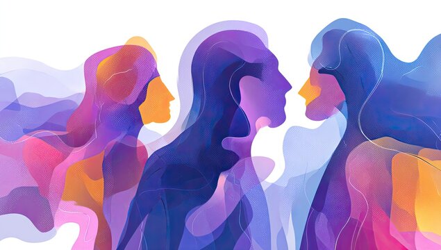 Translucent, overlapping profiles in vibrant purples, blues, and oranges