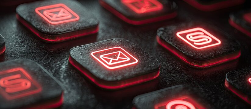 Macro view of dark textured buttons with glowing red communication icons