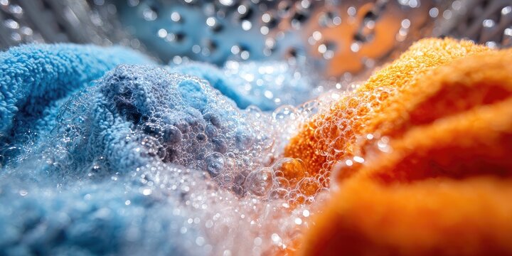 Blue and orange fabrics tumble and bubble in a washing machine drum