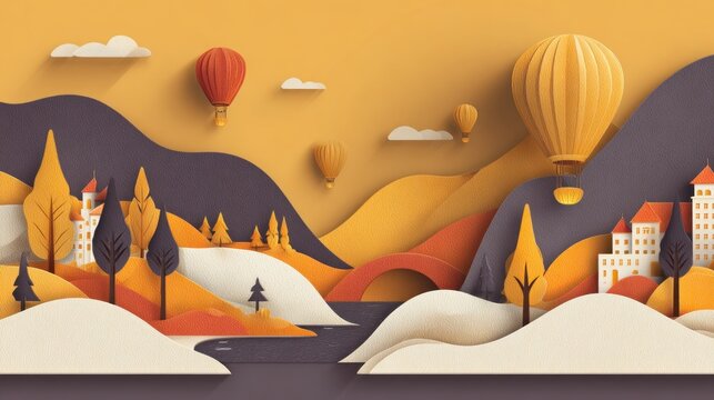 Layered landscape illustration depicts hot air balloons ascending over rolling hills and small settlements