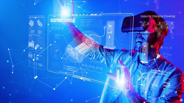 A male user interacts with a virtual reality environment showcasing an electric vehicle interface. The scene illustrates advanced technology and immersive exploration. Raster