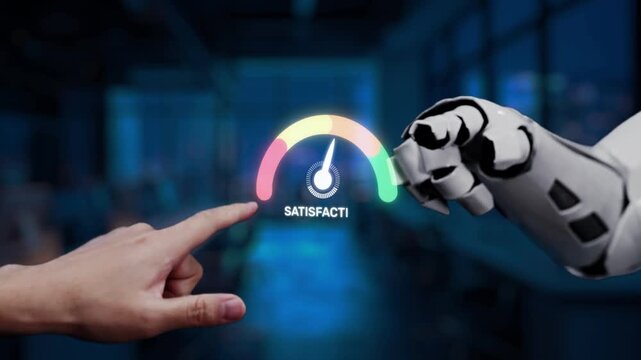 A human hand interacts with a robotic arm displaying customer feedback, emphasizing satisfaction levels through a digital meter and showcasing high ratings for innovative technology. Synapse