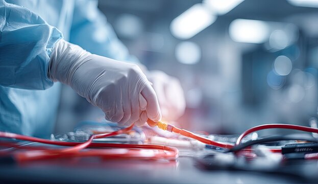gloved hands connect wires on a circuit board, intricate electronics assembly