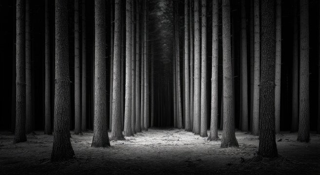 Tall, dark forest with a luminous path disappearing into darkness
