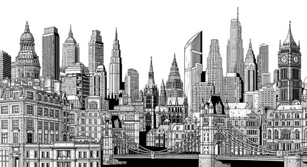 Naklejka premium Panoramic black and white urban cityscape illustration featuring modern high-rise buildings and classic architectural structures.
