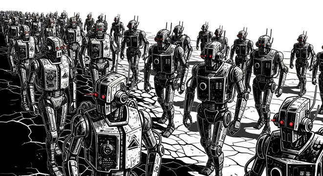 Vast army of identical futuristic robots marching in a monochromatic dystopian landscape, representing artificial intelligence and automation.
