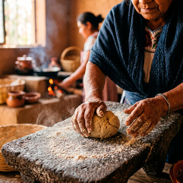 Mujer ind&iacute;gena moliendo masa de ma&iacute;z en metate tradicional en cocina rural.