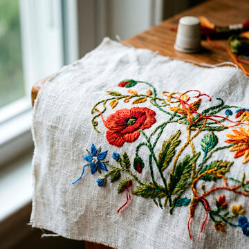 Bordado floral artesanal a mano sobre tela de lino blanco junto a una ventana