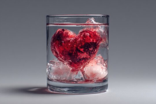 Red heart-shaped ice cube in a glass with water and ice