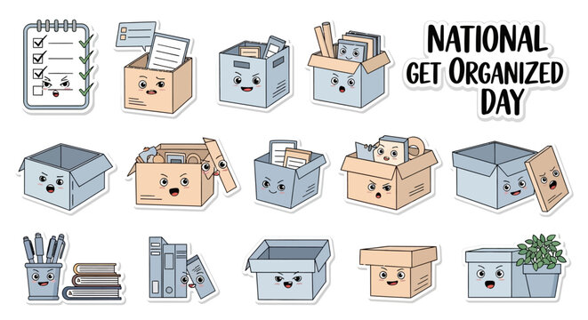On National Get Organized Day, a collection of adorable cartoon boxes and a checklist, meticulously arranged against a stark white backdrop, creates a lighthearted and inviting illustration