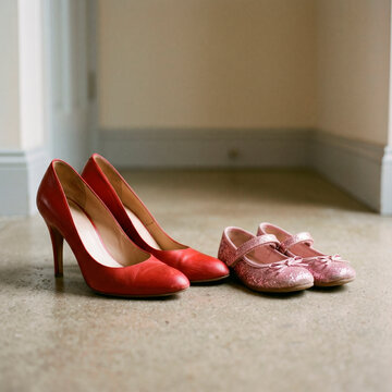 Zapatos rojos de tac&oacute;n alto junto a zapatillas rosas de ni&ntilde;a en el suelo