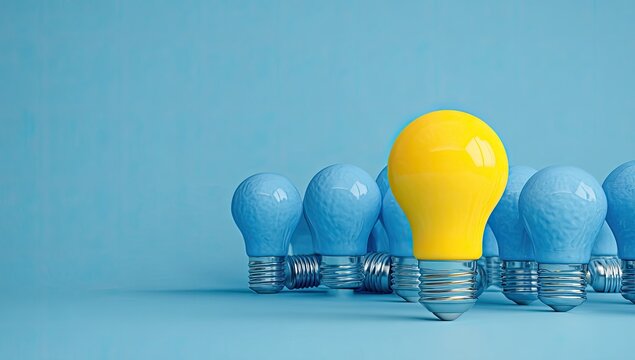 A single bright yellow lightbulb stands out amongst many muted blue bulbs