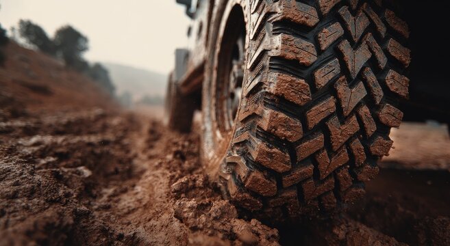Rugged tire grips muddy terrain, leaving deep tracks on a challenging trail