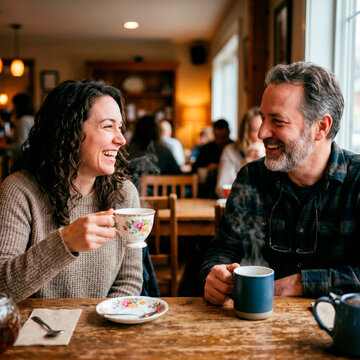 Pareja de mediana edad riendo durante una cita matutina con tazas de t&eacute; humeante