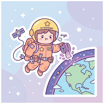 Cute astronaut fixing the Earth with a patch in space.