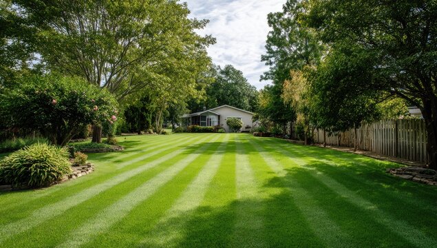 Lush green lawn with striped mowing pattern leading to a suburban house