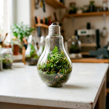 Terrario en bombilla: concepto de ideas ecol&oacute;gicas y energ&iacute;a sostenible