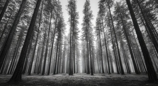 Towering trees ascend towards a hazy, bright sky in a monochrome forest