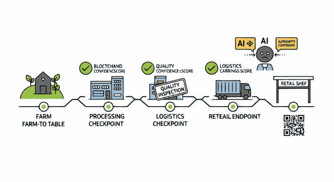 Supply Chain Traceability Infographic Showing Farm to Table Process with Blockchain and AI Integration