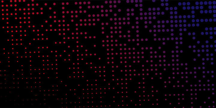 Abstract halftone dots background with red to blue gradient on black. Modern digital pattern ideal for tech, music, and futuristic design.