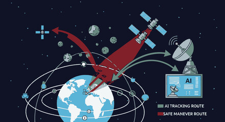 AI-Powered Satellite Tracking and Safe Orbital Maneuver Illustration Showing Collision Avoidance and Space Traffic Management © Fefey