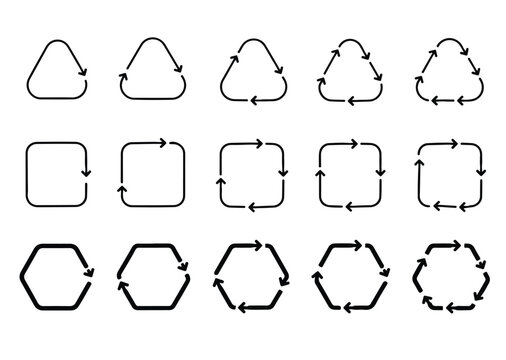 Polygon Loop Arrow Icons Set, Triangle Square Hexagon Circular Repeat Arrows Outline Vector Collection