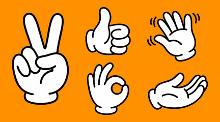 Obraz premium Collection of white cartoon gloved hands displaying various expressive gestures like peace thumb up waving and okay in vector format