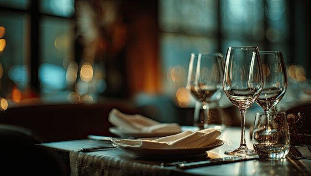 Elegant table setting with wine glasses, napkins, and plates in a dim restaurant