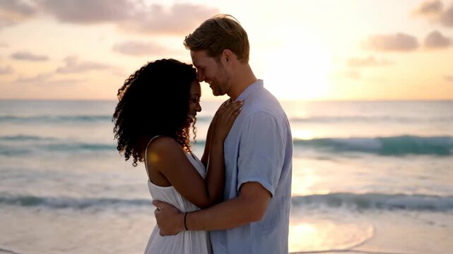 A couple embracing on a beach at sunset, woman in white dress and man in blue shirt