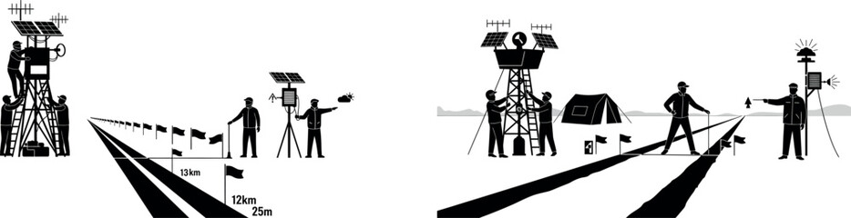 A film crew sets up equipment on a runway for a dramatic movie shoot vector silhouette © Mubeen