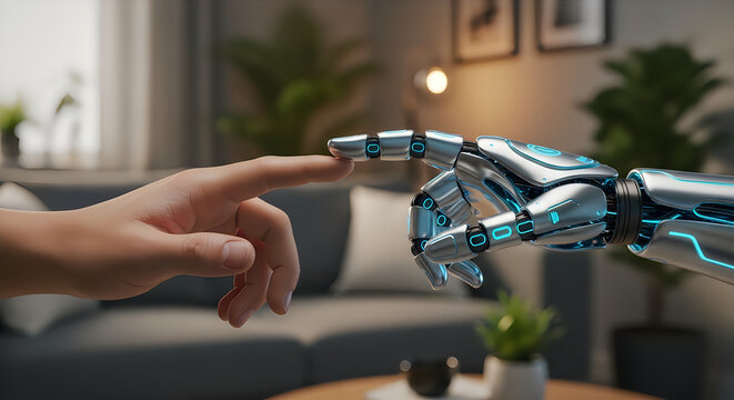 Human finger touching robotic hand, artificial intelligence concept