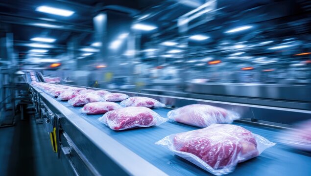 Packaged raw meat moves on a high-speed conveyor in a modern food processing plant