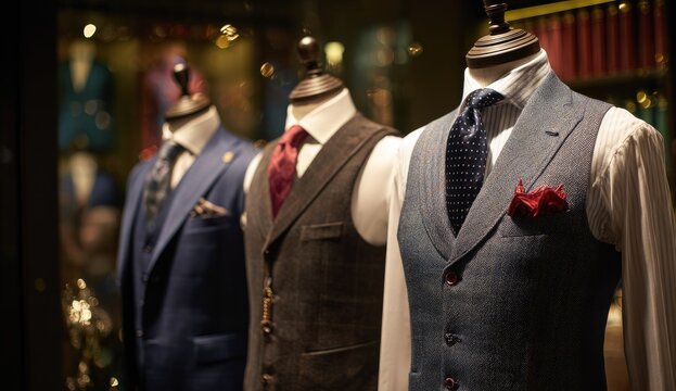 Three suited mannequins display elegant menswear in a dimly lit boutique