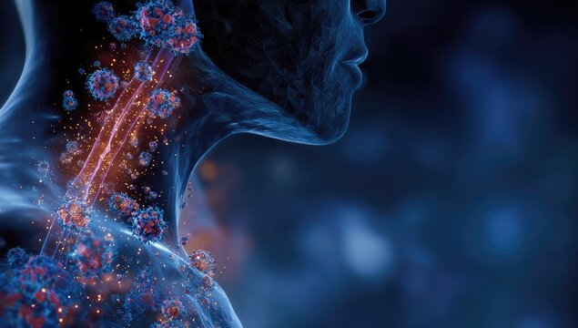 Microscopic viral invaders attacking human cells in a blue-hued, illuminated abstract space