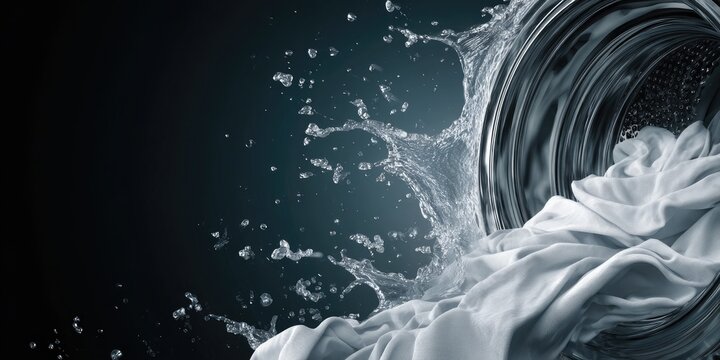 A washing machine drum fills with tumbling white fabric and splashing water