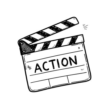 Vintage hand drawn movie clapperboard with action text for film production