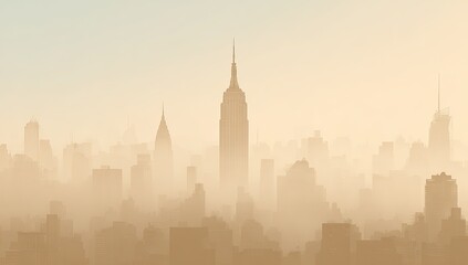 Naklejka premium Tall central spire building emerges from hazy, muted cityscape at sunrise/sunset