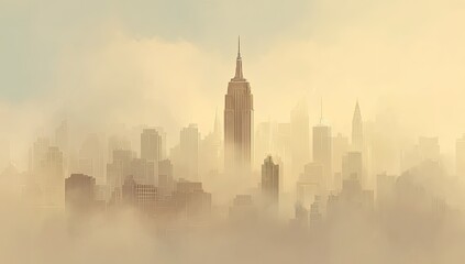 Obraz premium Tall skyscraper emerges from swirling fog over a hazy urban cityscape