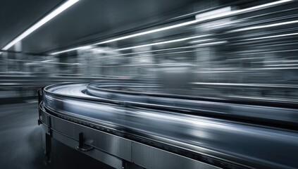 Fototapeta premium Sleek, metallic conveyor belt system in a blurred, modern industrial setting