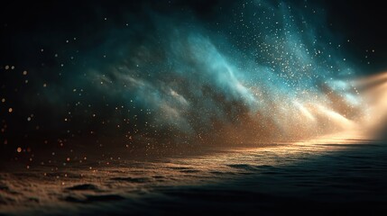 Obraz premium A cosmic scene with glowing particles and dust illuminated by a radiant light source, creating a mystical and ethereal atmosphere.